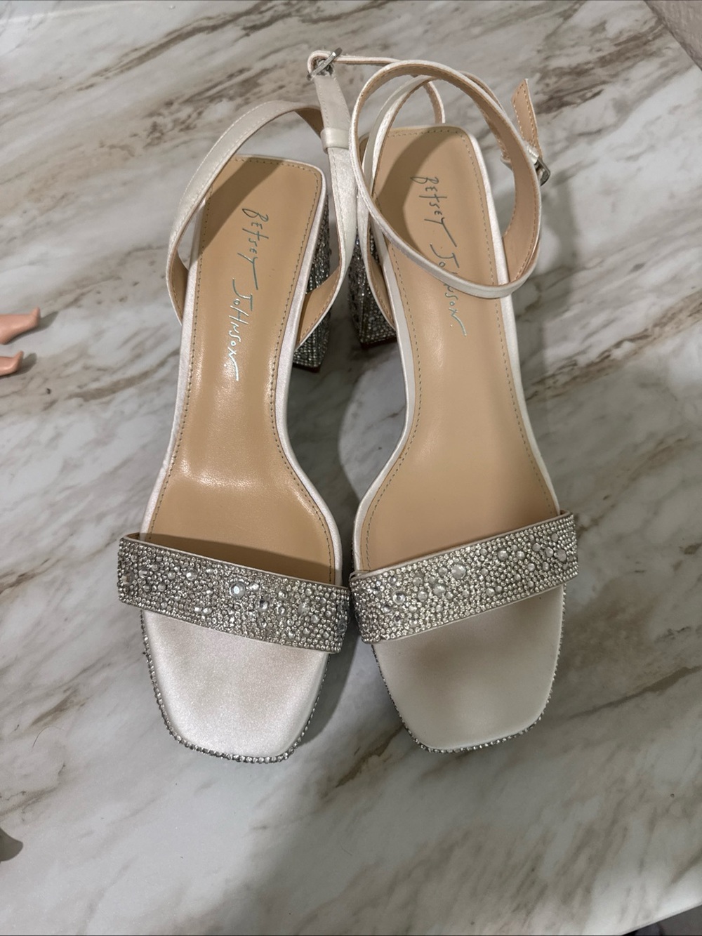 Betsey Johnson Ivory Satin Crystal Strap Block Heel Sandals